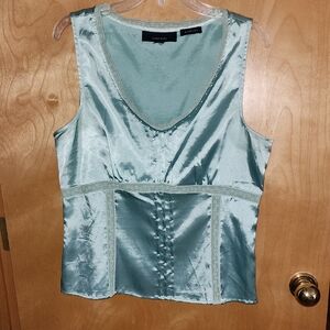 Jones Wear Stretch Satin Sleeveless Blouse in Soft Green W/ Crystal Studs Ruffle